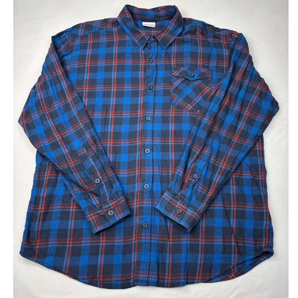 Columbia Mens XL Plaid Flannel Shirt Blue Red Long Sleeve Button Down Cotton